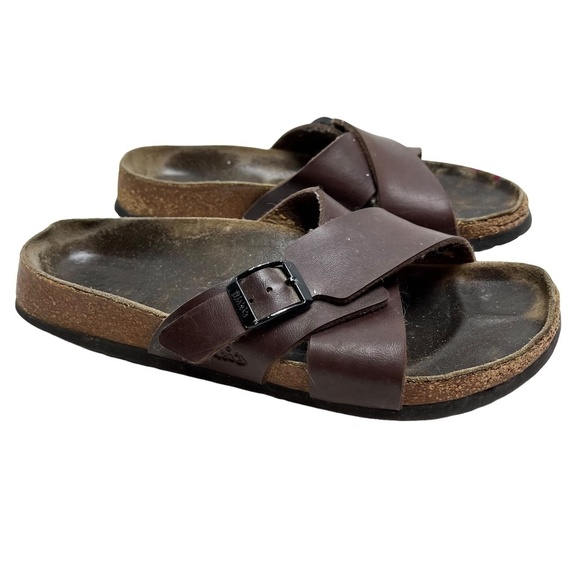 BIRKENSTOCK BIRKI'S Brown Genuine Leather Criss Cross Slides Sandals Shoes sz 6 - Picture 1 of 16